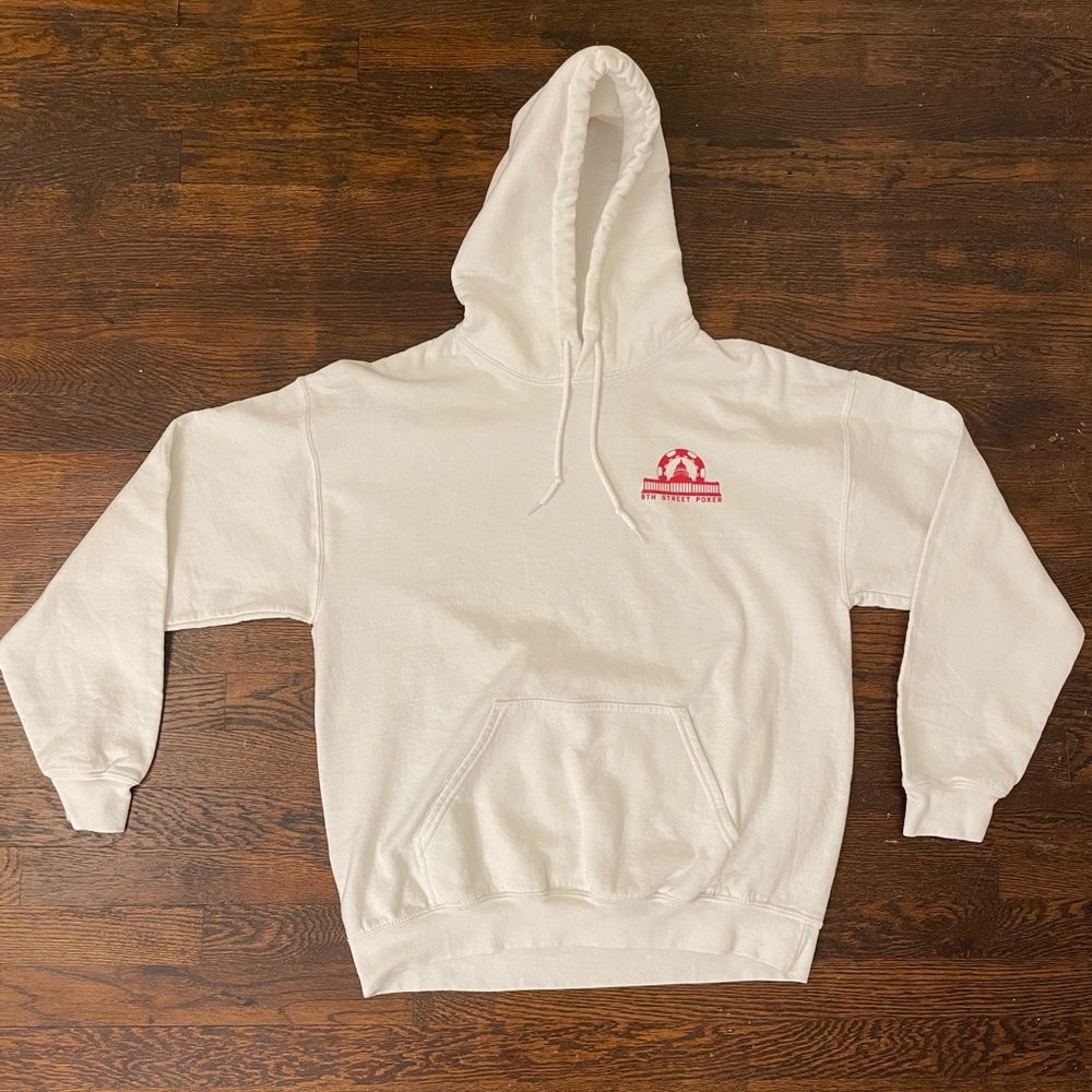 White Hoodie with Red Poker Logo